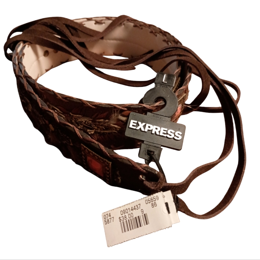 Express brown tie belt leather and feathers Size Large Marbled peach studs Rare - Picture 4 of 9